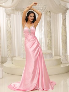 Rose Pink Halter Top Ruched Bodice Prom Dress Brush Train In Kansas