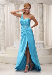 Ruched Decorate One Shoulder High Slit Aqua Blue Taffeta Prom Evening Dress