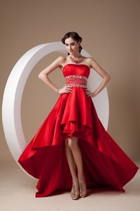 High-low Red Prom Dress Strapless Elastic Wove Satin Beading