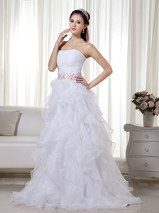White Princess Stapless Brush Train Organza Beading Prom Dress