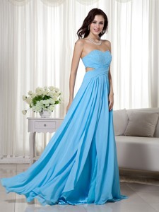 Aqua Blue Empire Sweetheart Brush Train Chiffon Beading Prom Dress