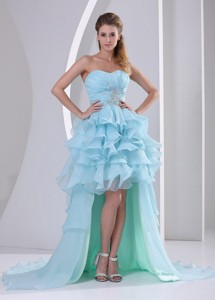 Light Blue Organza High-low Sweetheart Prom Homecoming Dress With Beading Ruch And Ruffles Br