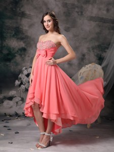 Sweet Watermelon Red Sweetheart Homecoming Dress Chiffon Beading And Bows High-low