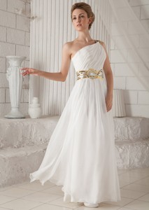 White Princess One Shoulder Floor-length Chiffon Sequins Prom Dress