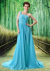 Custom Made Baby Blue One Shoulder Appliques Clarines Prom Dress Beaded Decorate Bust In Formal Even