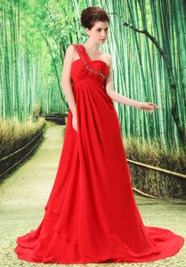 Red One Shoulder Prom Dress Appliques and Ruch In Graduation