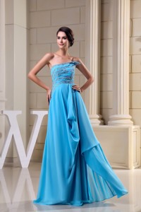 Chiffon Strapless Brush Train Aqua Blue Beaded Prom Dress Zipper-up
