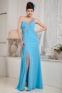 Modest Aqua Blue Empire One Shoulder Prom Dress Chiffon Beading Floor-length
