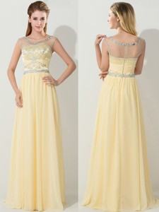 See Through Scoop Light Yellow Prom Dress with Beading