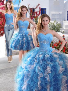 Gorgeous Beaded And Ruffled Detachable Quinceanera Dress In Blue And White