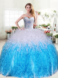 Cheap Beaded and Ruffled Quinceanera Dress in Blue and White