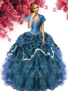 Romantic Big Puffy Teal Quinceanera Dress with Beading and Ruffled Layers