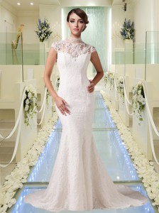 Elegant Mermaid High Neck Lace Wedding Dress With Short Sleeves
