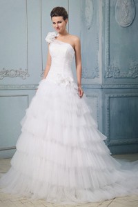 Luxurious Wedding Dress With Ruffled Layered One Shoulder Hand Made Flowers 