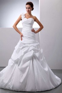 Beautiful Wedding Dress With One Shoulder Pick-ups Court Train For Custom Made