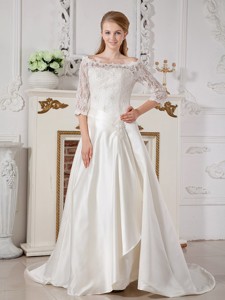 Brand New Off The Shoulder Court Train Taffeta Lace Wedding Dress