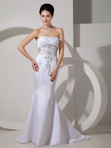 Discount Mermaid Strapless Brush Train Satin Embroidery and Ruch Wedding Dress