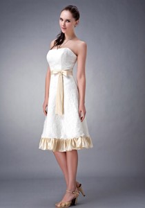 White And Champagne Princess Strapless Tea-length Lace Sash Bridesmaid Dress