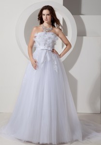 Cheap Princess Strapless Chapel Train Tulle Embroidery Wedding Dress