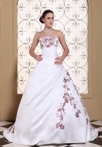 Red Embroidery On Satin Modest Wedding Dress