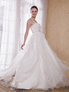 White Princess Halter Brush Train Taffeta And Organza Rhinestones Prom Dress
