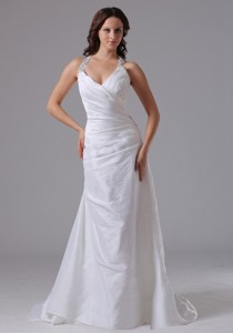 Halter Ruched Bodice And Beading Wedding Dress With Brush Train