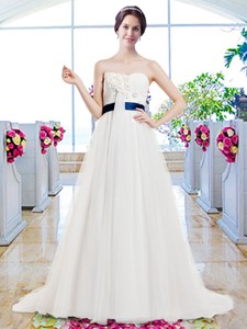 Modest Brush Train Wedding Dress With Belt And Appliques