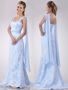 Gorgeous Mermaid Beaded and Laced Light Blue Wedding Dress with Brush Train 