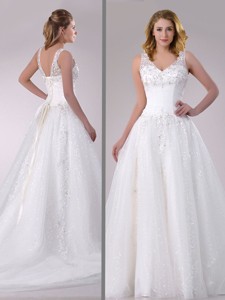 Beautiful A Line V Neck Court Train Bridal Dress with Beading and Sequins 