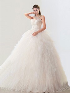 Fashionable Deep V Neckline Wedding Dress With Beading And Ruffles