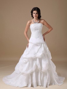 Formal Strapless Court Train Taffeta Lace Wedding Dress