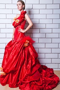 Red One Shoulder Brush Train Taffeta Appliques Prom Dress