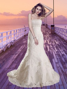 Mermaid Strapless Lace Beading Wedding Dress With Chapel Train