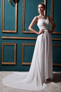 Modest Empire Straps Court Train Chiffon Lace Wedding Dress 