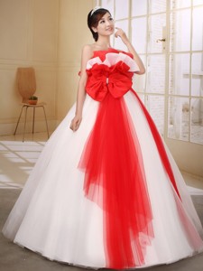 Red and White Bow Decorate On Organza Wedding Dress With Strapless Neckline Ball Gown Floor-length I