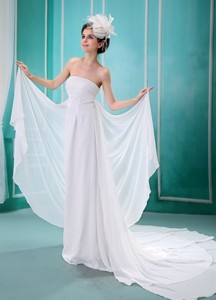 Custom Made Wedding Dress With Strapless Court Train Ruch and Chiffon 