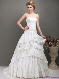 White Sweetheart Brush Train Wedding Dress With Ruffled Layers