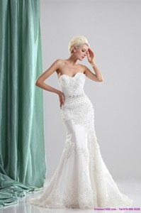 Pretty White Sweetheart Wedding Dress With Sequins And Brush Train