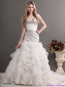 Exquisite Halter Top Wedding Dress With Beading And Ruffles