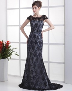 Luxurious Column Lace Black Prom Dress With Brush Train
