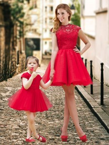 Feminine High Neck Backless Prom Dress in Red and Beautiful Mini Length Little Girl Dress with Cap S
