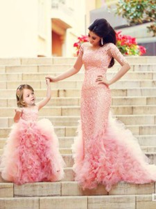 Exclusive Column Long Sleeves Prom Dress with Brush Train and Affordable Ruffled and Laced Little Gi