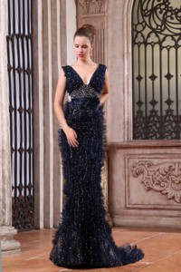 Luxurious Mermaid V-neck Navy Blue Beading Brush Train Prom Dress