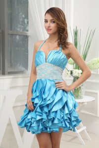Aqua Blue Halter Top Ruching Ruffles Lace Prom Dress