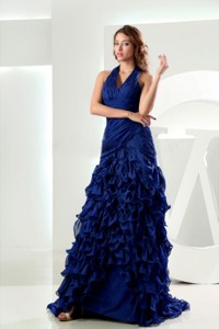 Mermaid Halter Brush/Sweep Royal Blue Ruffles Organza Prom Dress