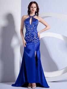 Mermaid Halter Embroidery Royal Blue Taffeta Brush/Sweep Prom Dress