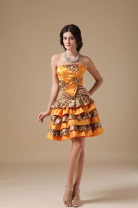 Multi-color Strapless Mini-length Taffeta And Leopard Beading Prom Dress