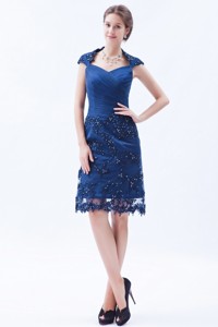 Blue Column / Sheath Square Knee-length Tulle Embroidery with Beading Prom Dress