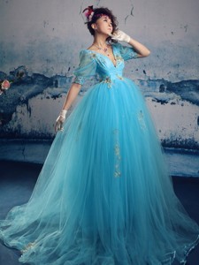V-neck Floor-length Aqua Blue Appliques Prom Gowns With Floor-length Romantic Customize In Kirkcudbr