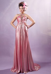 Light Pink Cross Straps Silk Like Satin Beading Prom / Evening Dress With Court Train In Chew Magna